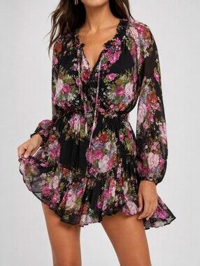 LoveShackFancy Popover Floral Ruffle Mini Dress Romantic Feminine S